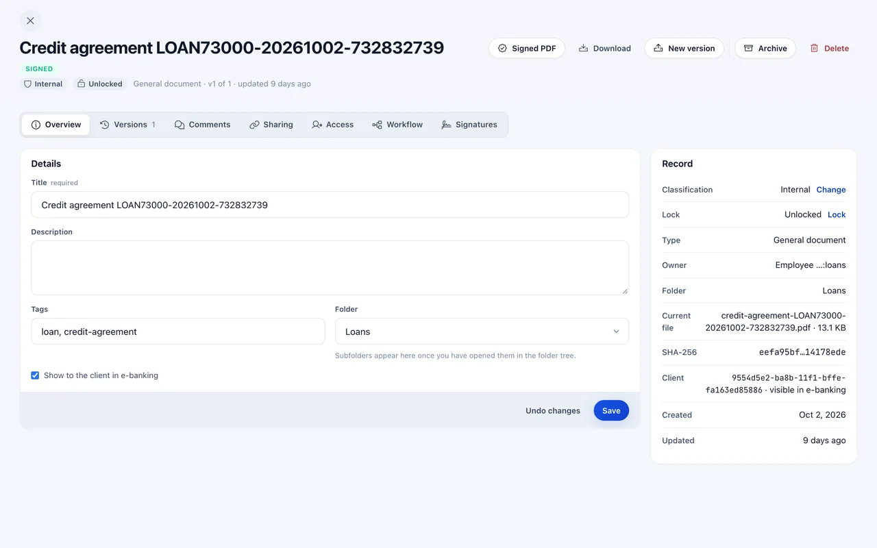 A signed credit agreement in Docs: its details, record, SHA-256 and signature tabs.