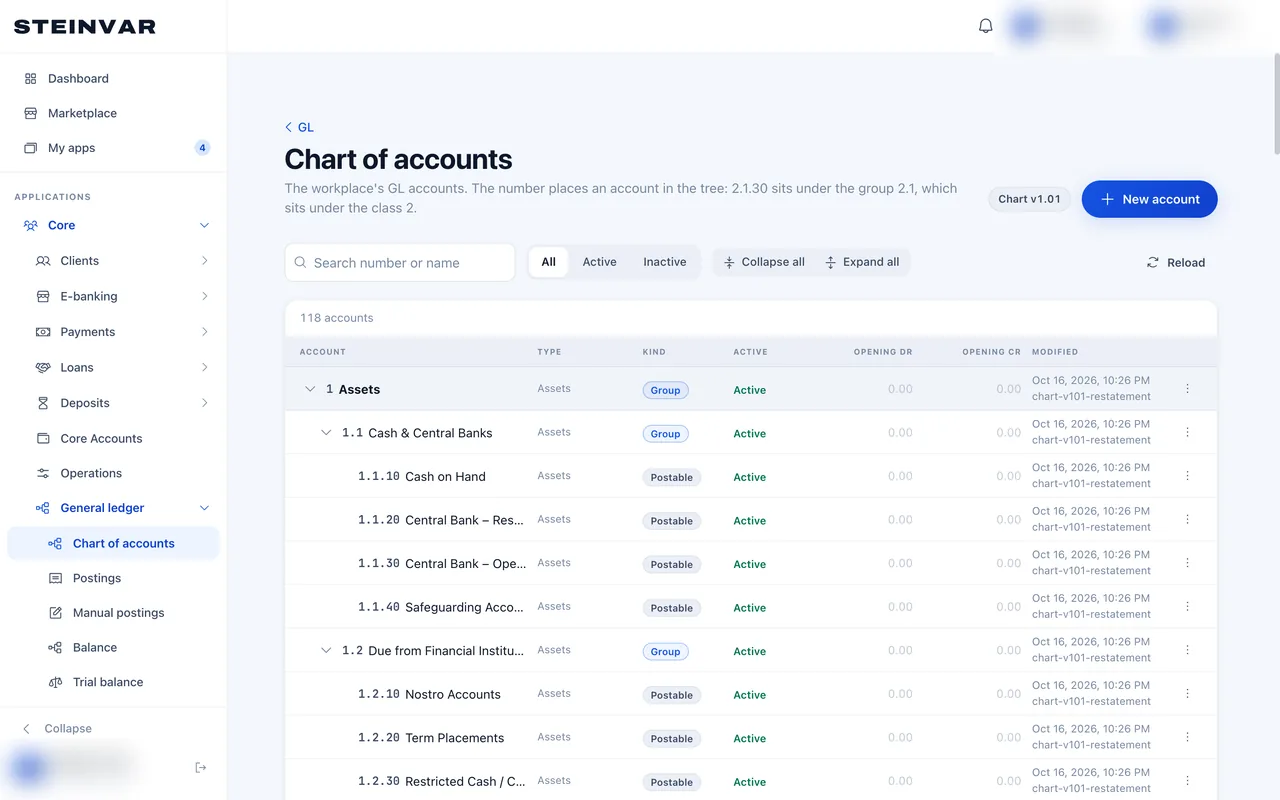 The chart of accounts in the HQ back office: account groups and postable accounts with their type, kind and status.