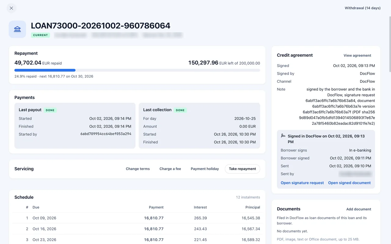 A loan in the HQ back office: repayment progress, the payout and the last collection, servicing actions and the schedule.