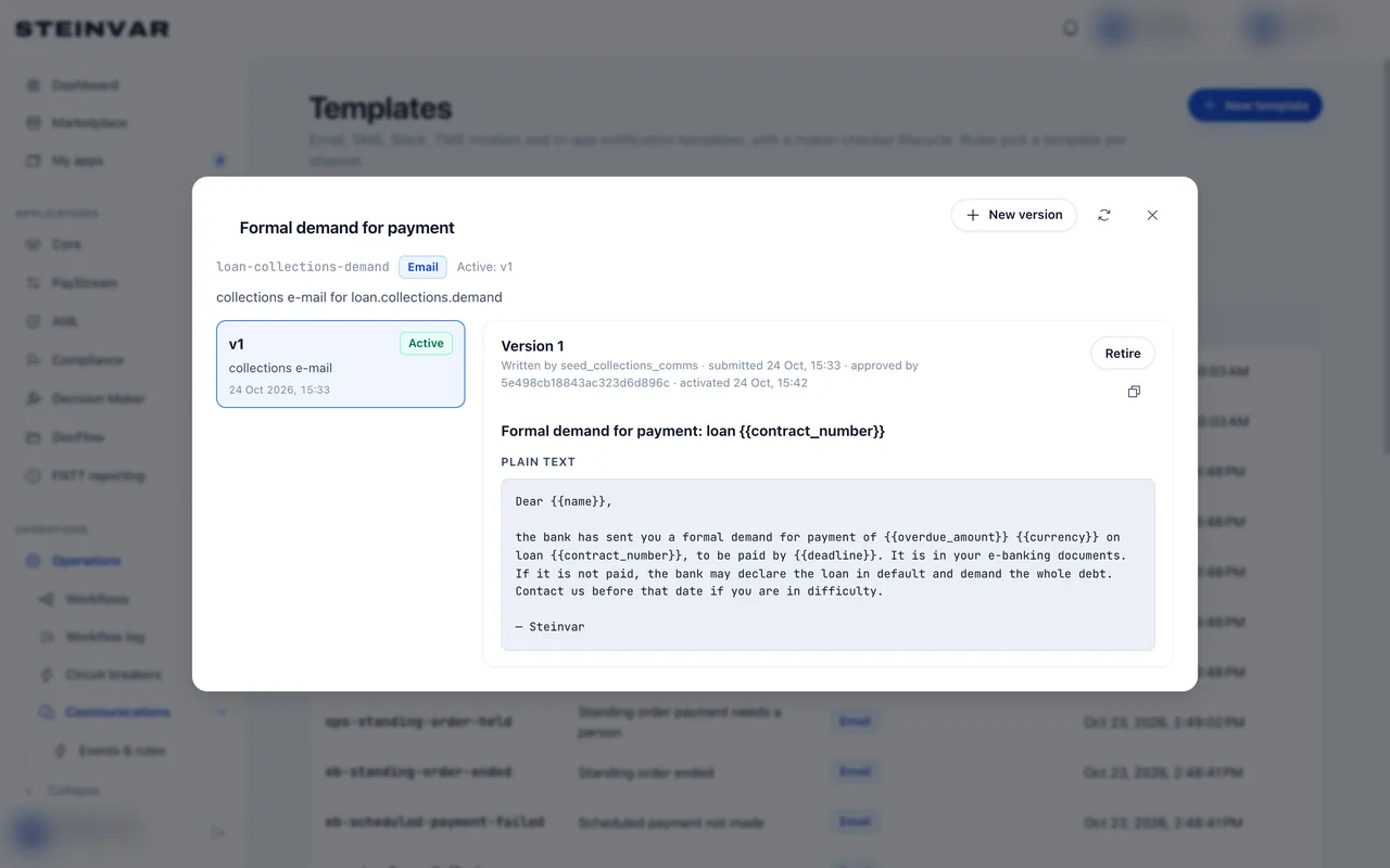 An approved e-mail template for a formal demand for payment, with its version history.