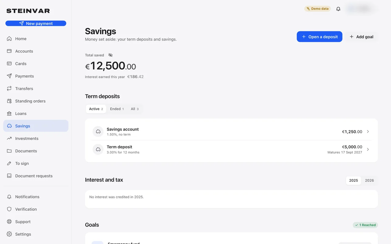 Savings in e-banking: the total saved, term deposits and savings accounts, and interest and tax.