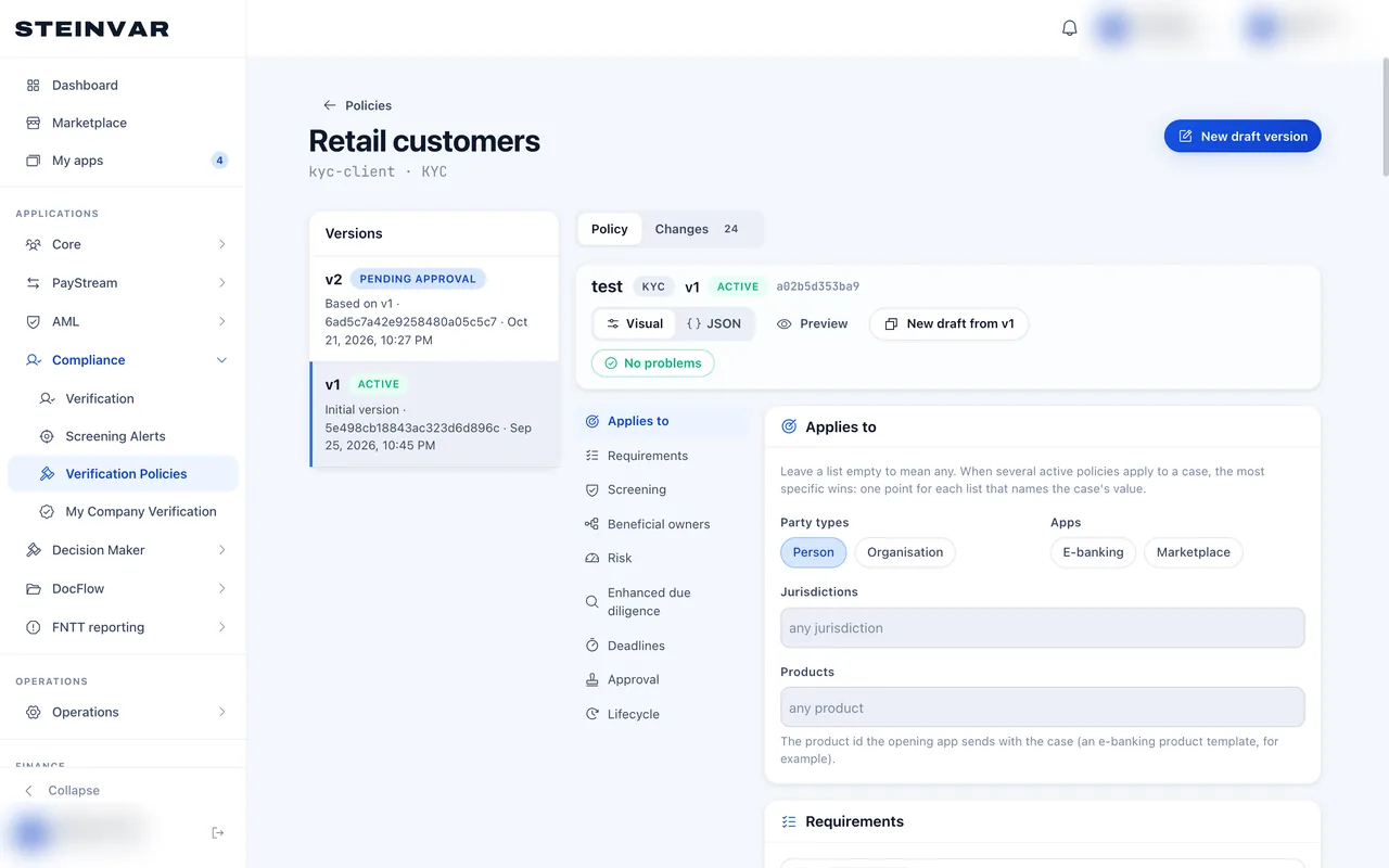 A KYC policy in the HQ back office: its versions with approval status, and the policy editor.
